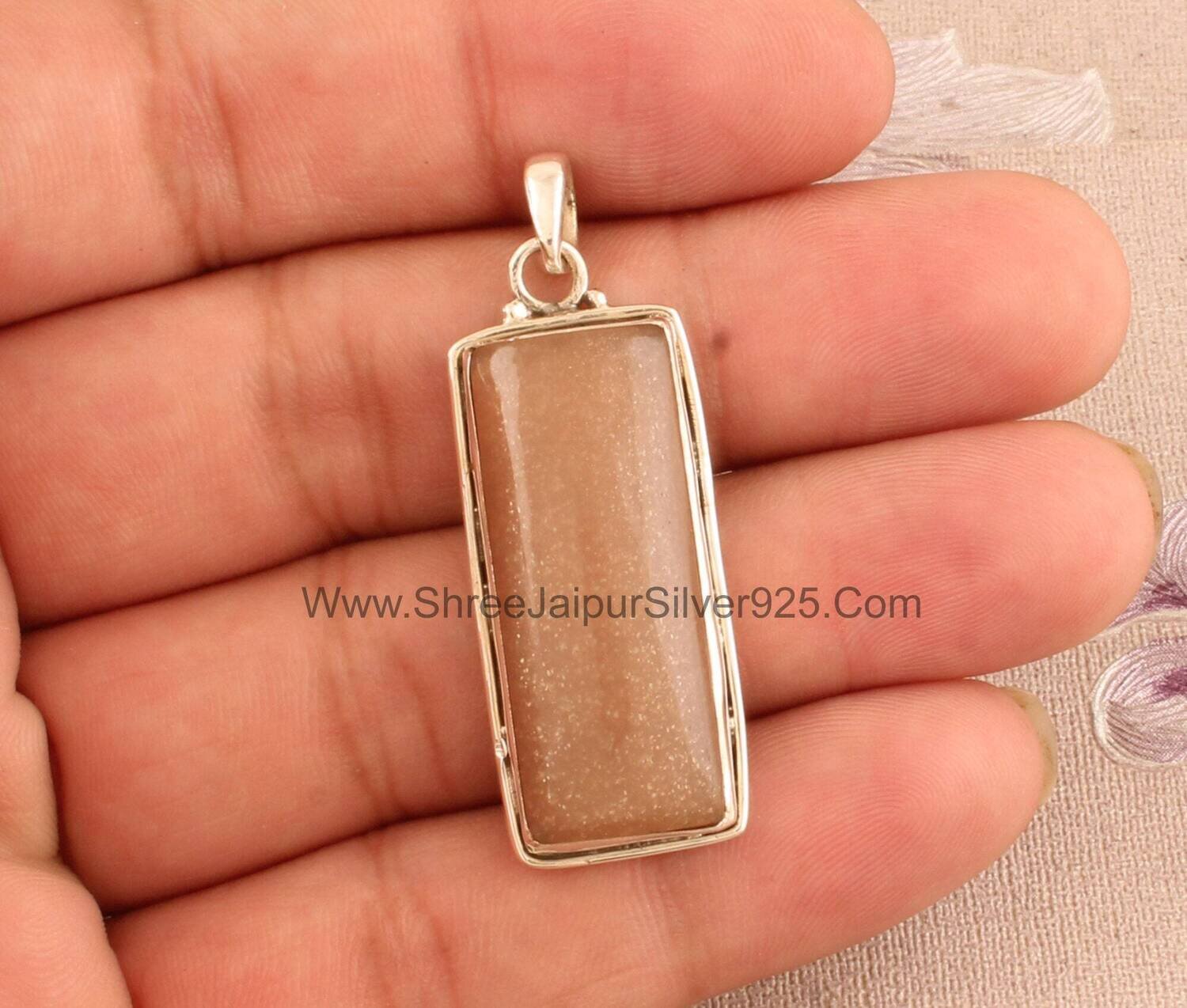 Natural Peach Moonstone Solid 925 Sterling Silver Necklace Pendant For Women Handmade Bar Stone Pendant For Wedding Anniversary Gift For Her