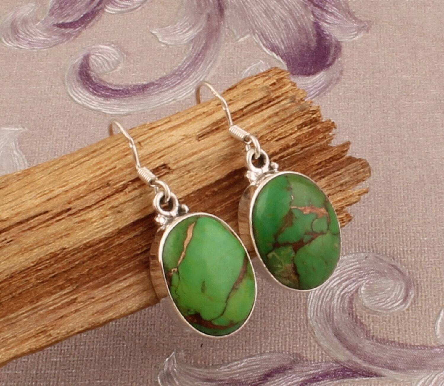 925 Sterling Silver Green Copper Turquoise Earrings, Designer Handmade Boho Silver Earrings, Valentine's Day Gift Jewelry, Etsy Cyber 2021