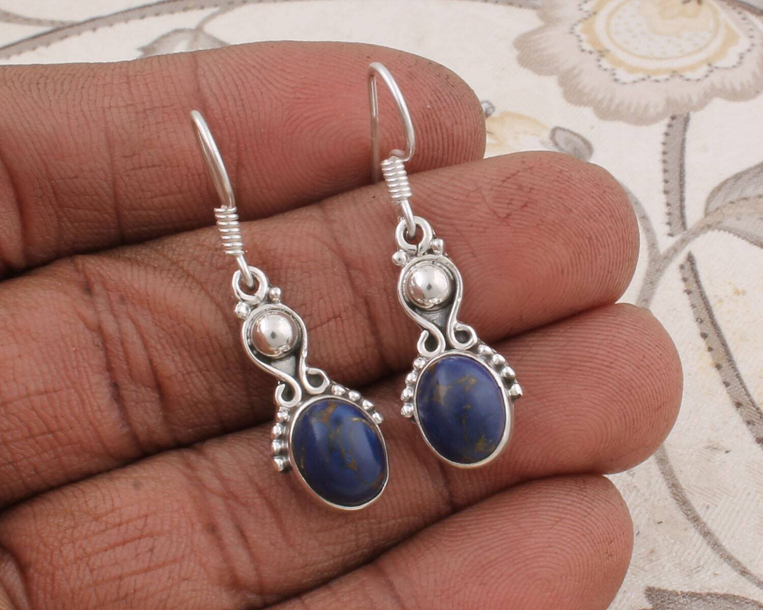 Natural Lapis Lazuli Oval Shape Gemstone Earrings, 925 Sterling Silver Earrings, Handcrafted Gemstone Earrings, Boho Cabochon Stone Earrings