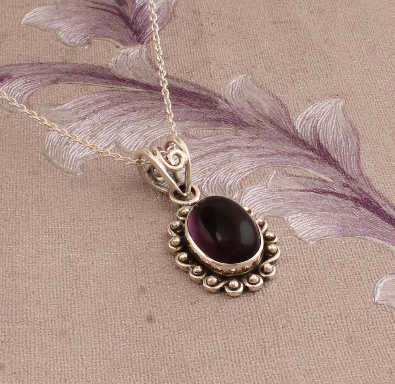 Top Quality Amethyst Gemstone Necklace-Oval Cabochon Necklace-February Birth Stone Necklace 925-Sterling Silver Pendant Gift For Her !!!
