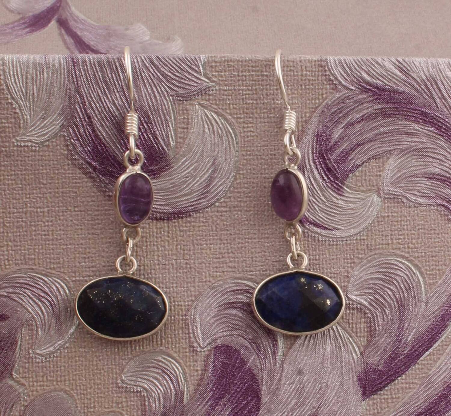 Combo Gemstone Earring Lapis+Amethyst Gemstone Earring 925-Sterling Silver Earring Big Size Earring Gift For Her EarringCyber2021Birthstone