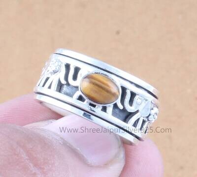 Tiger Eye Oval Solid 925 Sterling Silver Elephant Spinner Ring For Women, Handmade Band Anxiety Fidget Ring For Wedding Anniversary Gifts