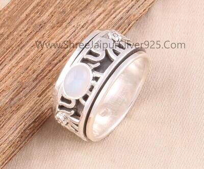 Rainbow Moonstone Oval Solid 925 Sterling Silver Elephant Spinner Ring For Women, Handmade Band Anxiety Fidget Ring Gift Anniversary