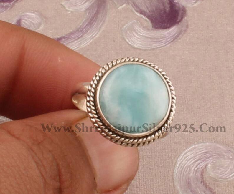 925 Sterling Silver Natural Larimar Round Gemstone Ring, Designer Handmade Gemstone Silver Ring, Women Jewelry Gift For Her
