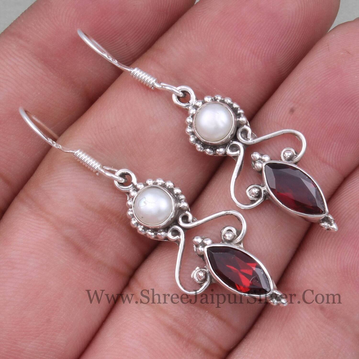 Bridesmaid Natural Red Garnet & Pearl Gemstone Solid 925 Sterling Silver Earrings For Women, Handmade Earrings Gifts For Wedding Anniversary