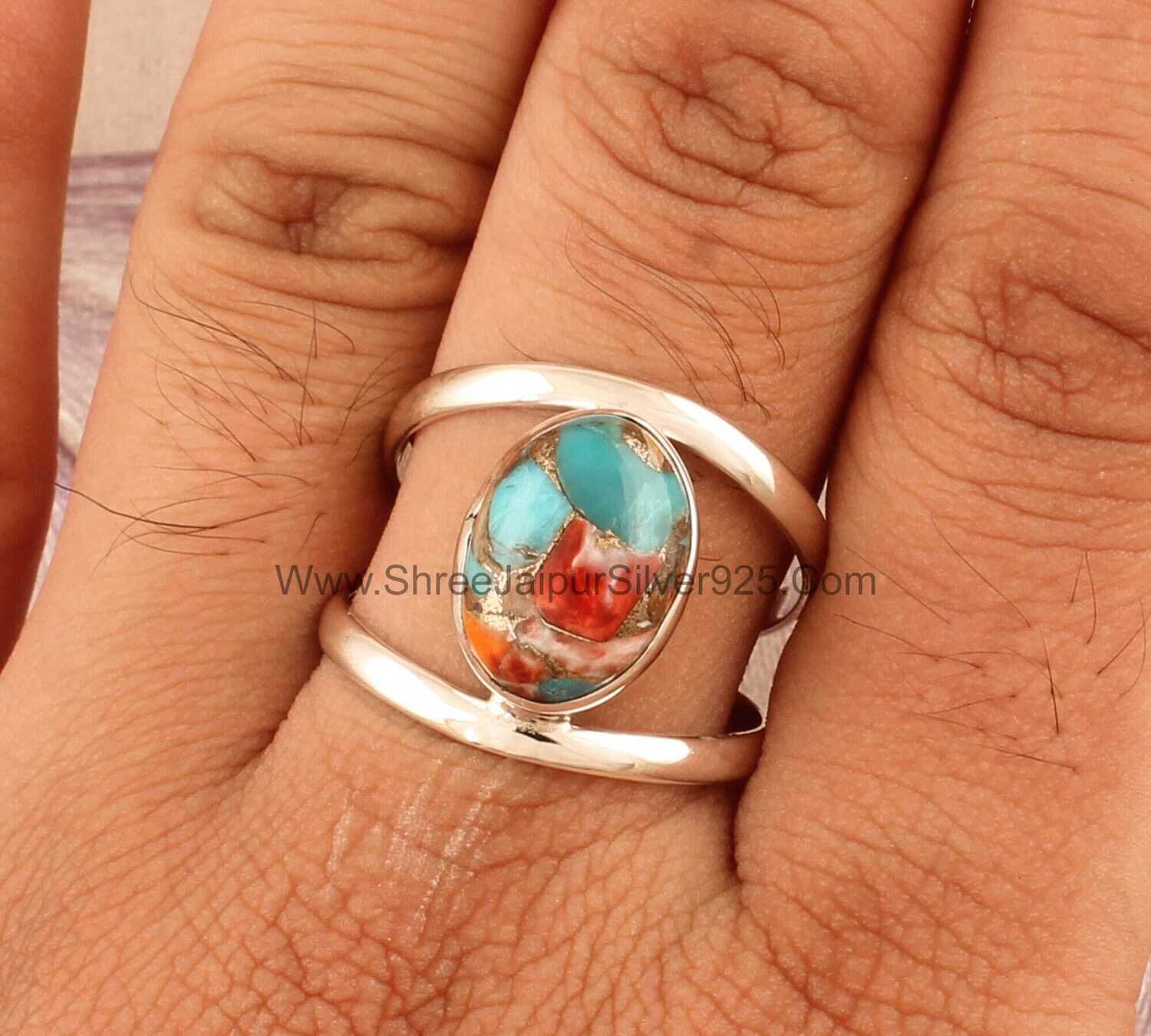 Oyster Copper Turquoise Solid 925 Sterling Silver Ring For Women, Handmade Double Band Oval Stone Ring For Wedding Anniversary Gift For Her