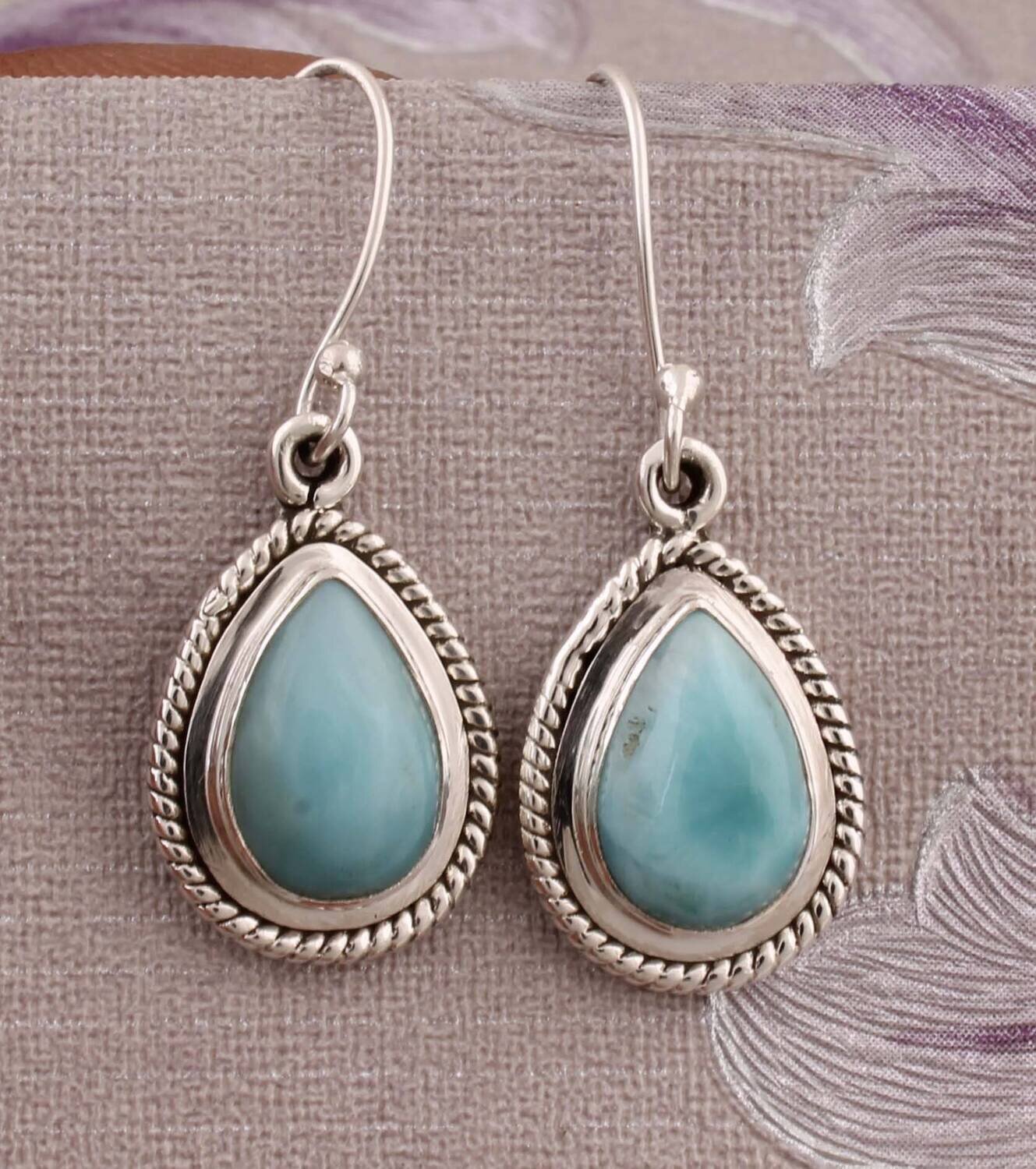 Larimar Pear Shape Earring With Natural Larimar Gemstone Earring Cabochon+Opaque  Stone Boho Earring 925 Silver Sterling Solid Earring