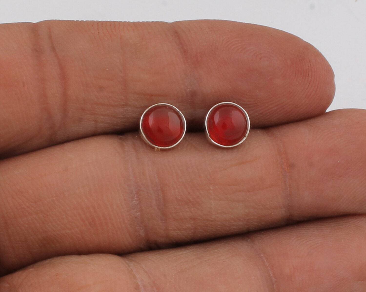 Round Shape Earring 925-Silver Sterling Earring Natural Red Onyx Gemstone Earring Red Color Stone AND Silver Color Earring-Handmade Earring