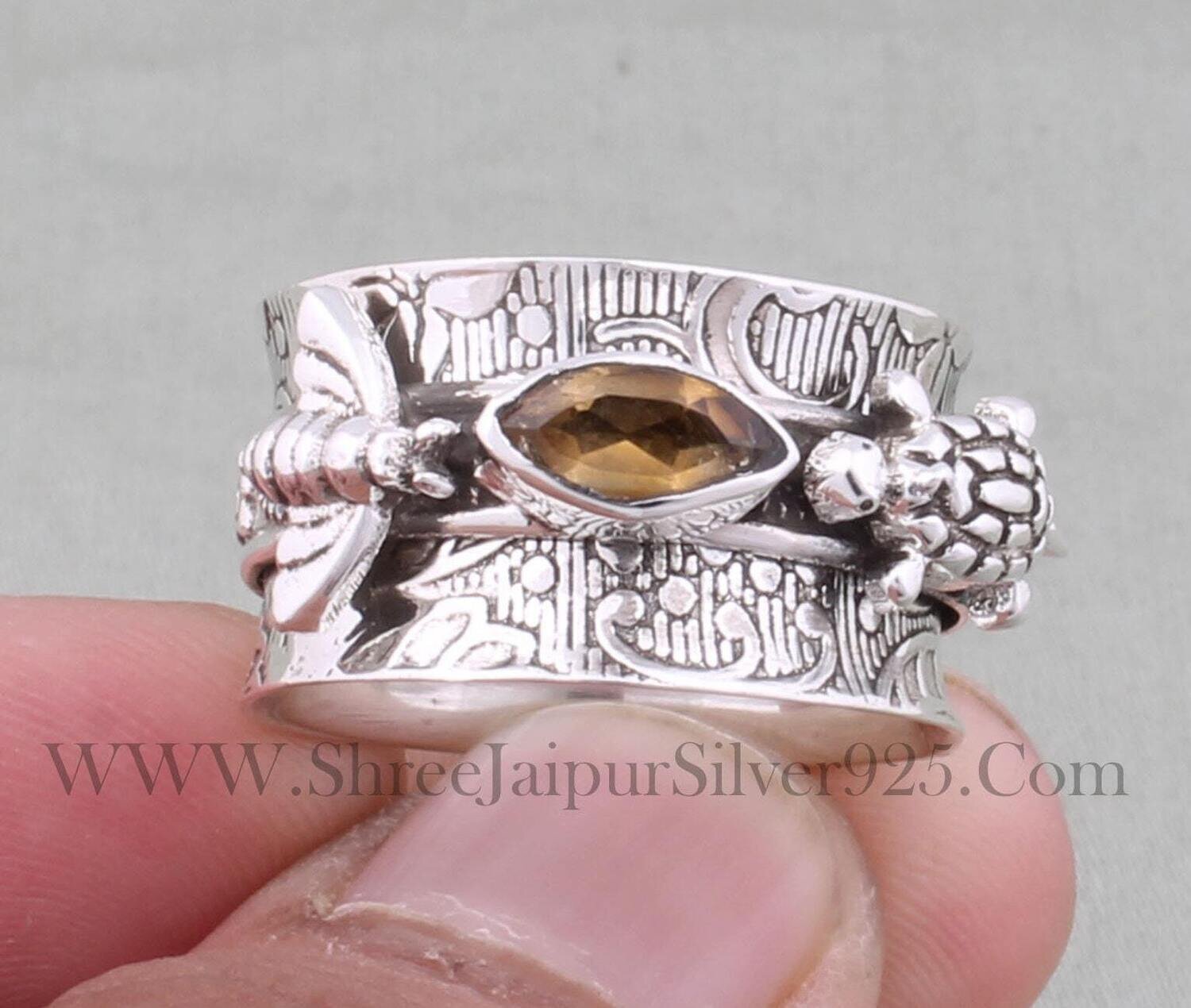 Combo Citrine Turtle Honey Bee Solid 925 Sterling Silver Spinner Ring For Women Gift, Handmade Engraved Band Ring, Boho Worry Anxiety Ring