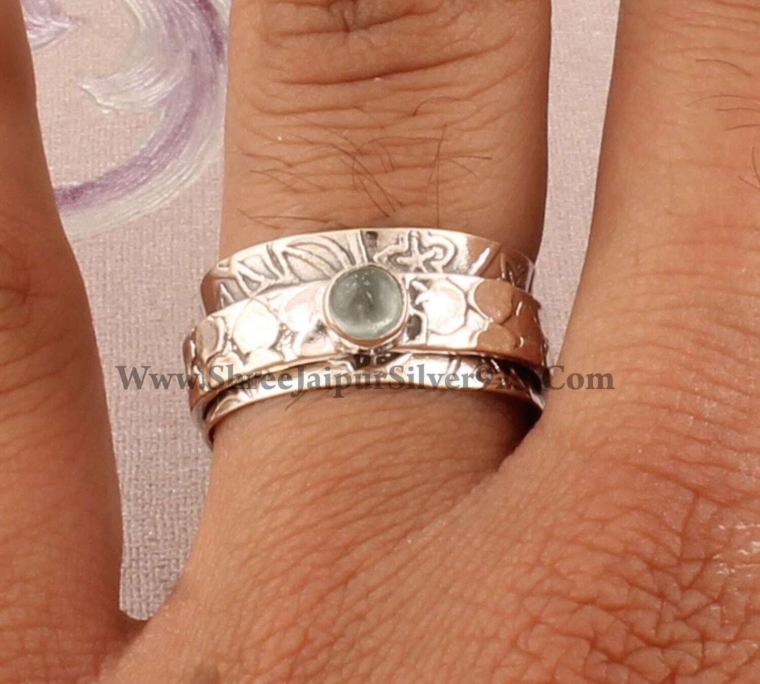 Aquamarine Natural Gemstone Solid 925 Sterling Silver, Handmade Carved Silver Band Ring, Boho Aquamarine Worry Rings, Anxiety Ring For Gift