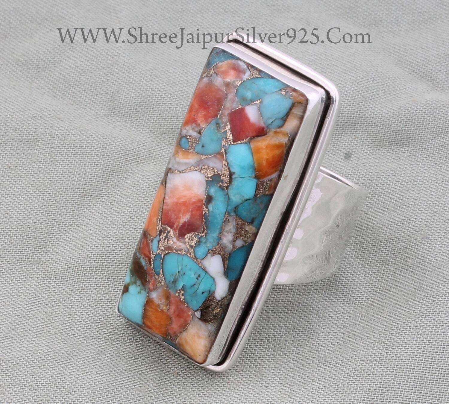 Oyster Copper Turquoise Solid 925 Sterling Silver Ring, Handmade Hammered Bar Band Ring Gifts For Her Birthday Wedding AnniversaryBirthstone