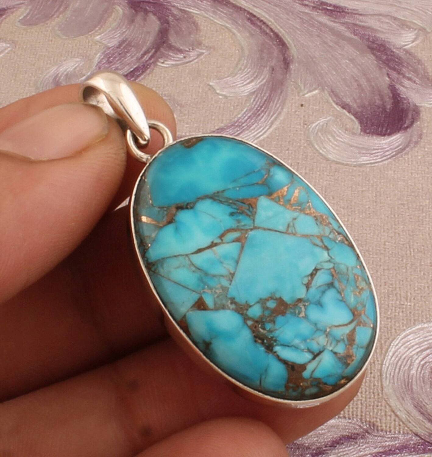 925 Sterling Silver Copper Turquoise Oval Gemstone Pendant, Big Size Stone Silver Pendant, Handmade Gemstone Pendant For Wedding Anniversary