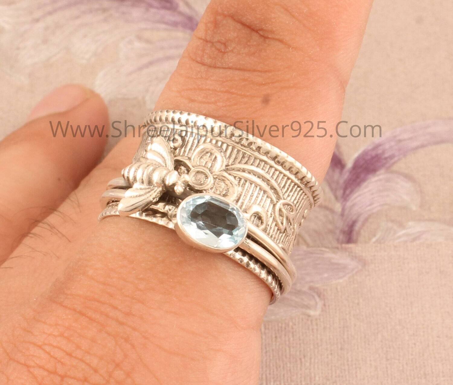 Natural Blue Topaz Solid 925 Sterling Silver Spinner Ring For Women, Handmade Silver Honey Bee Crystal Ring For Wedding Anniversary Gift