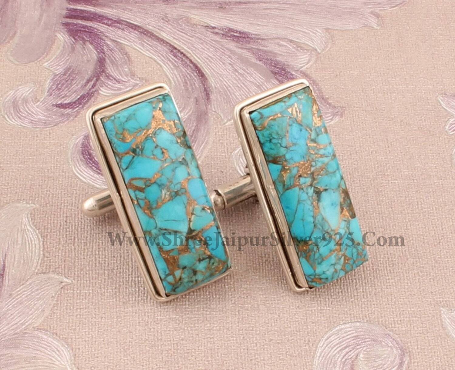 Blue Copper Turquoise Silver Cufflink, Mens jewelry 925 Sterling Silver Cufflink, Rectangle Gemstone Cufflink Handmade Cufflink Gift For Him