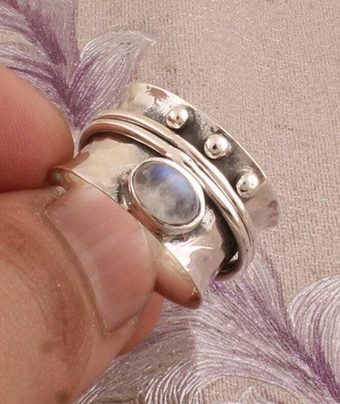 Rainbow Moonstone Gemstone Ring,Silver Band Ring,925-Sterling Silver Ring,Spinner Ring,Antique Silver Ring,Gift Item Ring,Thumb Ring