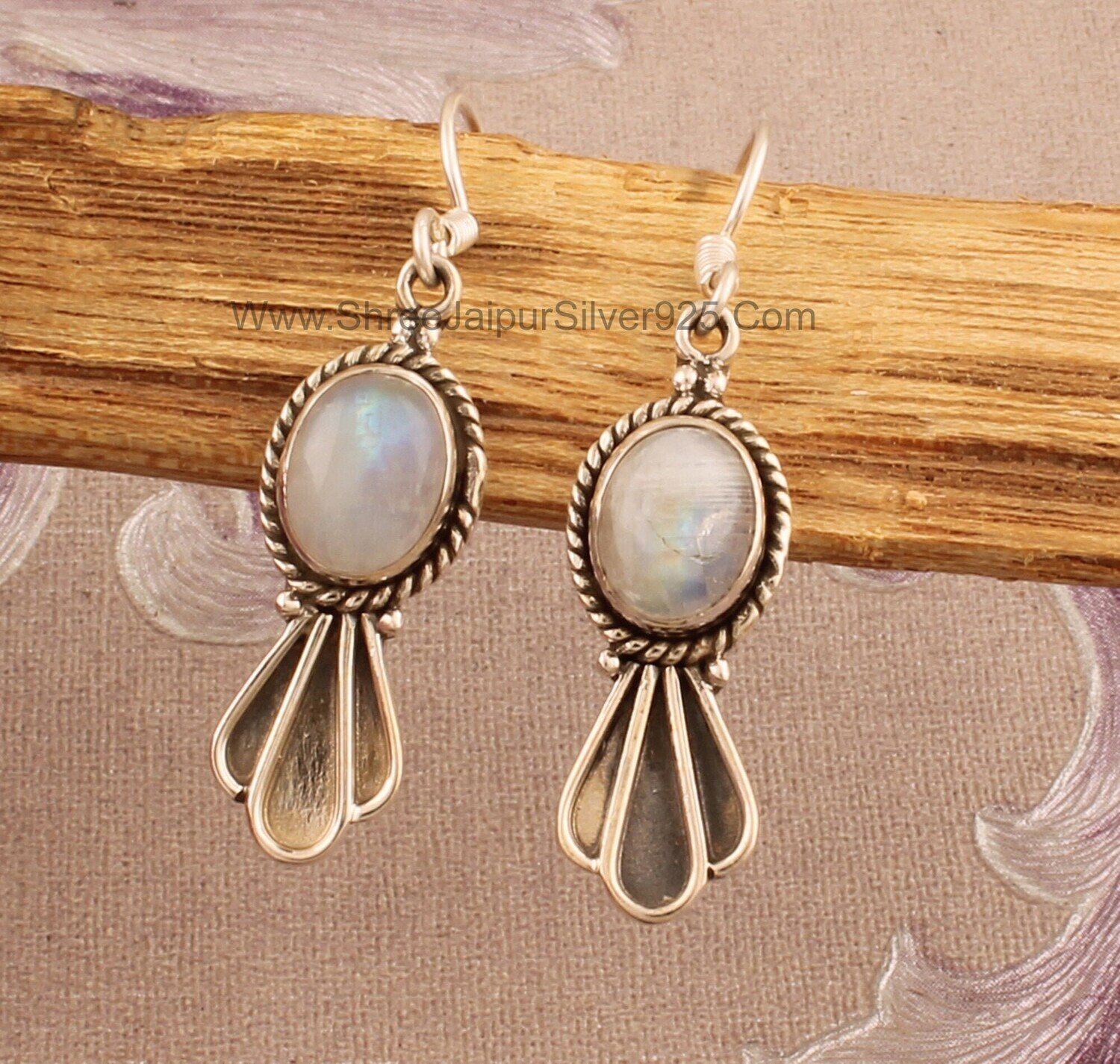 Natural Rainbow Moonstone Oval Stone Solid 925 Sterling Silver Earrings For Women Handmade Boho Silver Earrings For Wedding Anniversary Gift