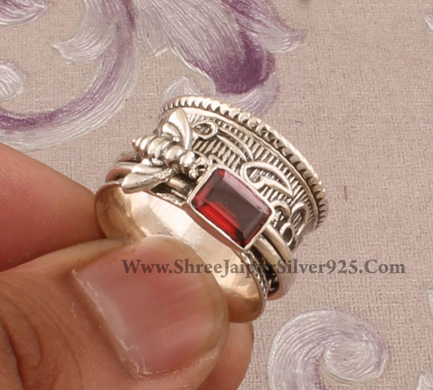 Red Garnet Solid 925 Sterling Silver Spinner Ring For Women, Handmade Silver Honey Bee Red Garnet Ring For Wedding Anniversary Gift
