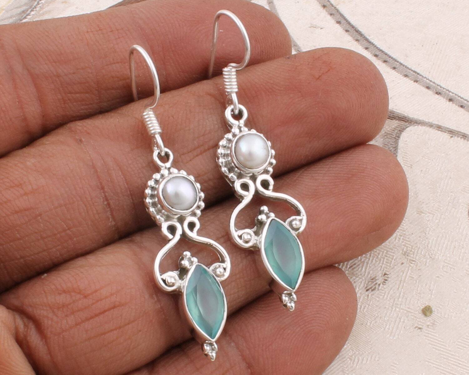 Aquamarine Pearl Earrings - Genuine Aqua Calci Marquise Earrings in Sterling Silver Cyber2022 Bestseller2022 EtsyBirthstone
