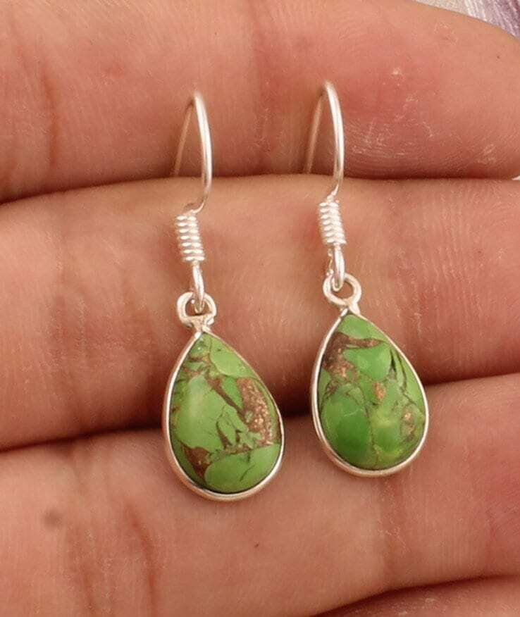Green Copper Turquoise Gemstone Earring, 925 Sterling Silver Solid Pear Shape Designer Earring, Anniversary Wedding Gift For HerBirthstone