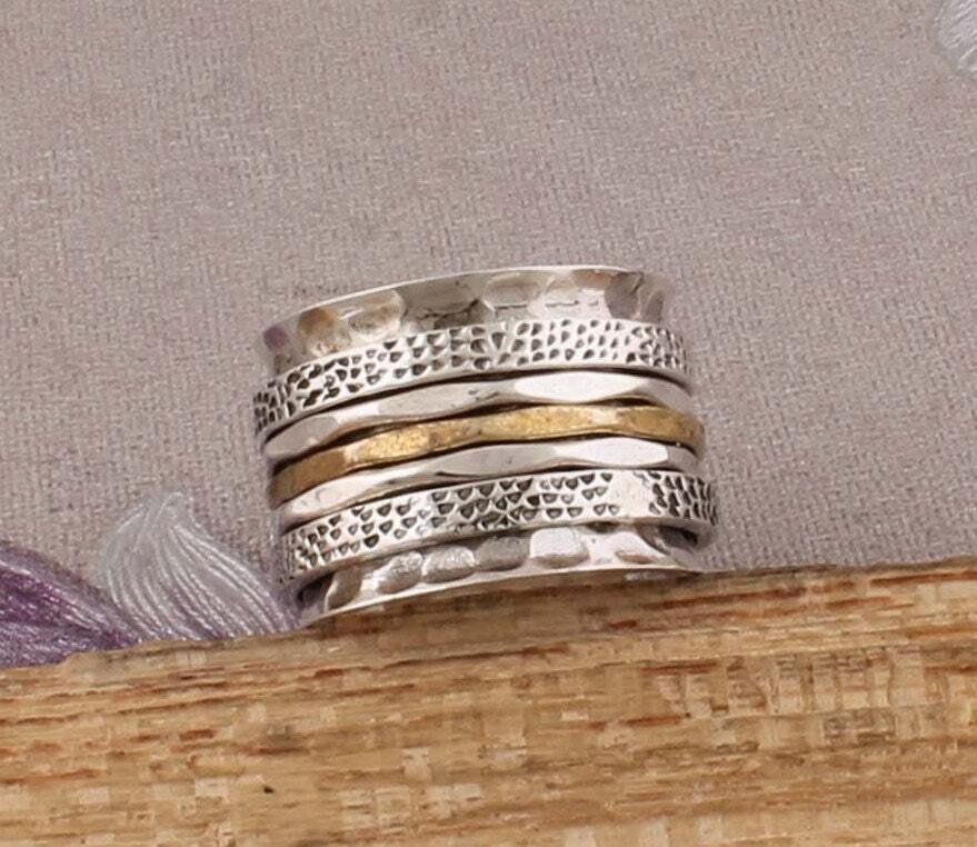 Three Tone Ring 925-Sterling Silver Ring,Spinner Ring,Antique Silver Ring,Brass With  Copper With Silver Spinner Ring Thumb RingCyber2021