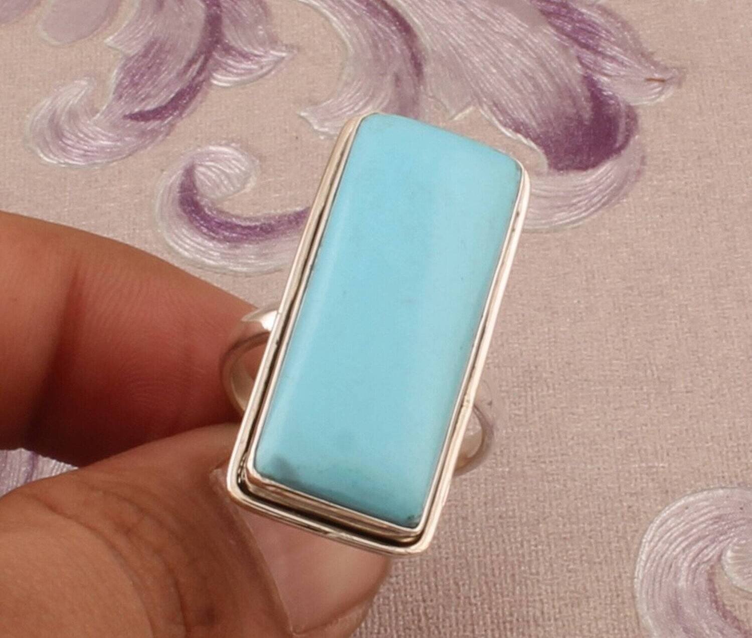 925 Sterling Silver Rings For Women, Turquoise Ring, Blue Rectangle Handmade Cabochon Gemstone Ring, Engagement, Vintage, Boho, Gift For Her