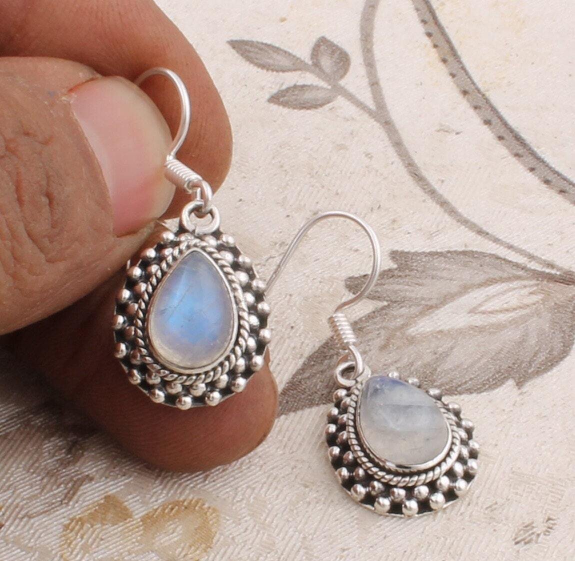 Natural Rainbow Moonstone AAA+Quality Gemstone Earring Cabochon Stone Boho Earring 925-Sterling Solid Silver Earring HandmadeCyber2021