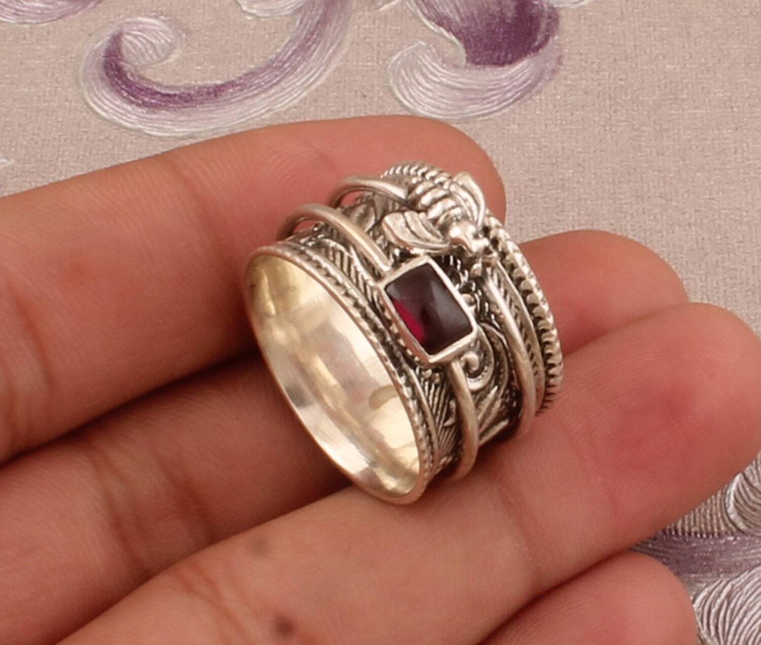 925 Sterling Silver Natural Red Garnet Spinner Ring, Handmade Honey Bee Engraved Wide Band Fidget Anxiety Ring Gifts For Her Anniversary