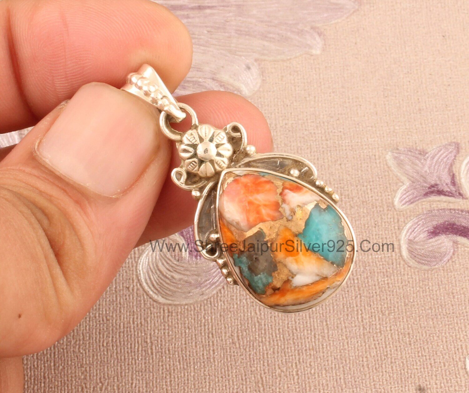 Oyster Copper Turquoise Solid 925 Sterling Silver Necklace Pendant For Women, Handmade Pear Stone Pendant For Wedding Anniversary Gift Idea