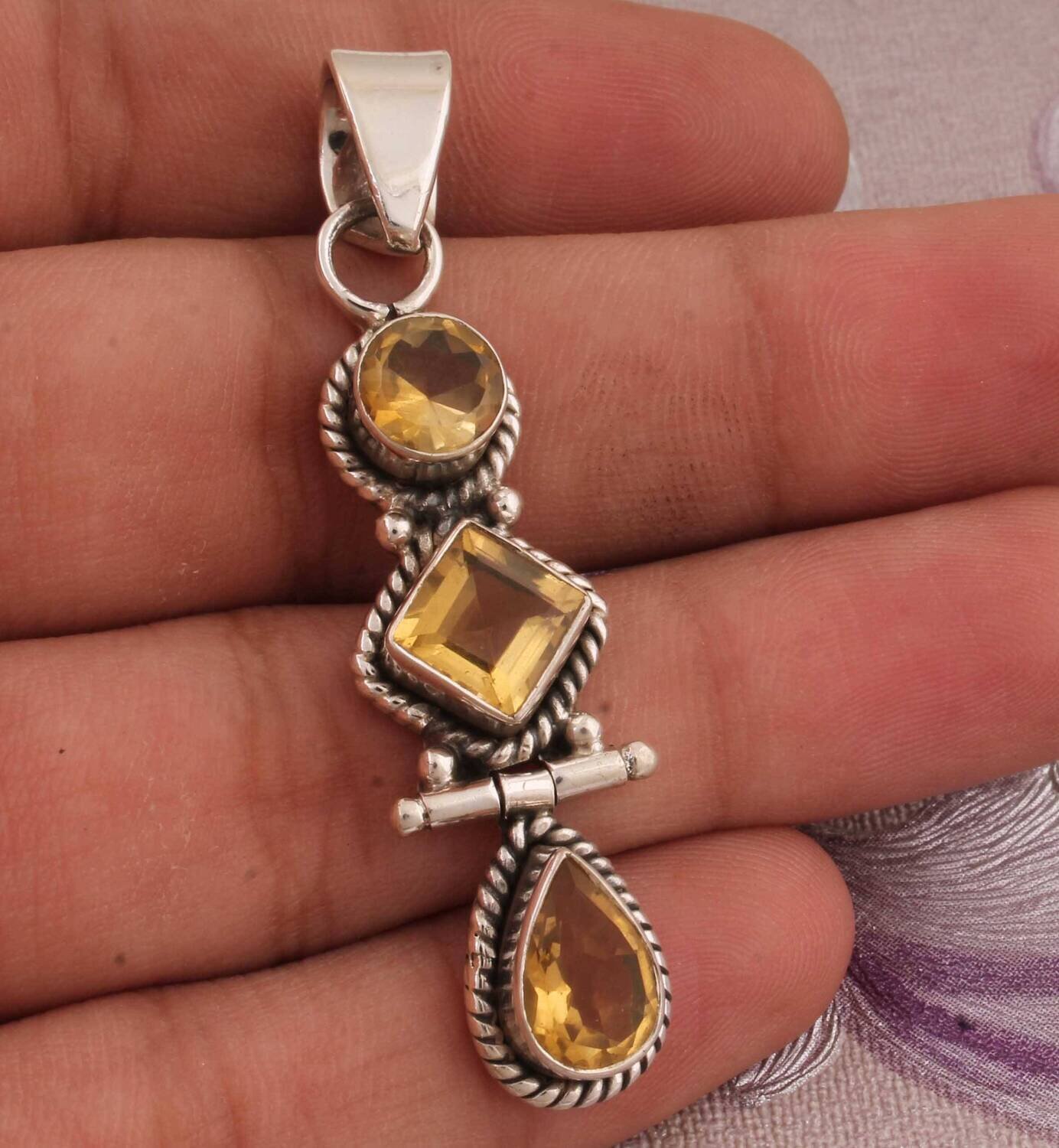 Citrine Top Quality Gemstone Pendant 925-Sterling Silver Pendant,Antique Silver Pendant,Three Stone's Pendant,Long PendantCyber2021