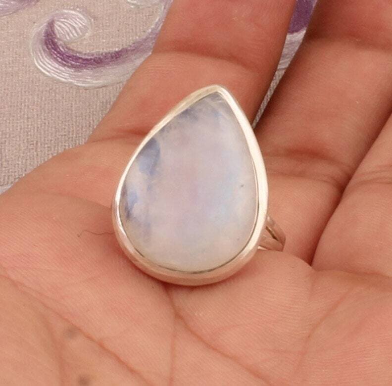 Rainbow Moonstone Pear Shape Gemstone Ring, 925 Sterling Silver Designer Ring, Handmade Gemstone Ring, Engagement Ring, Gift IdeaBirthstone