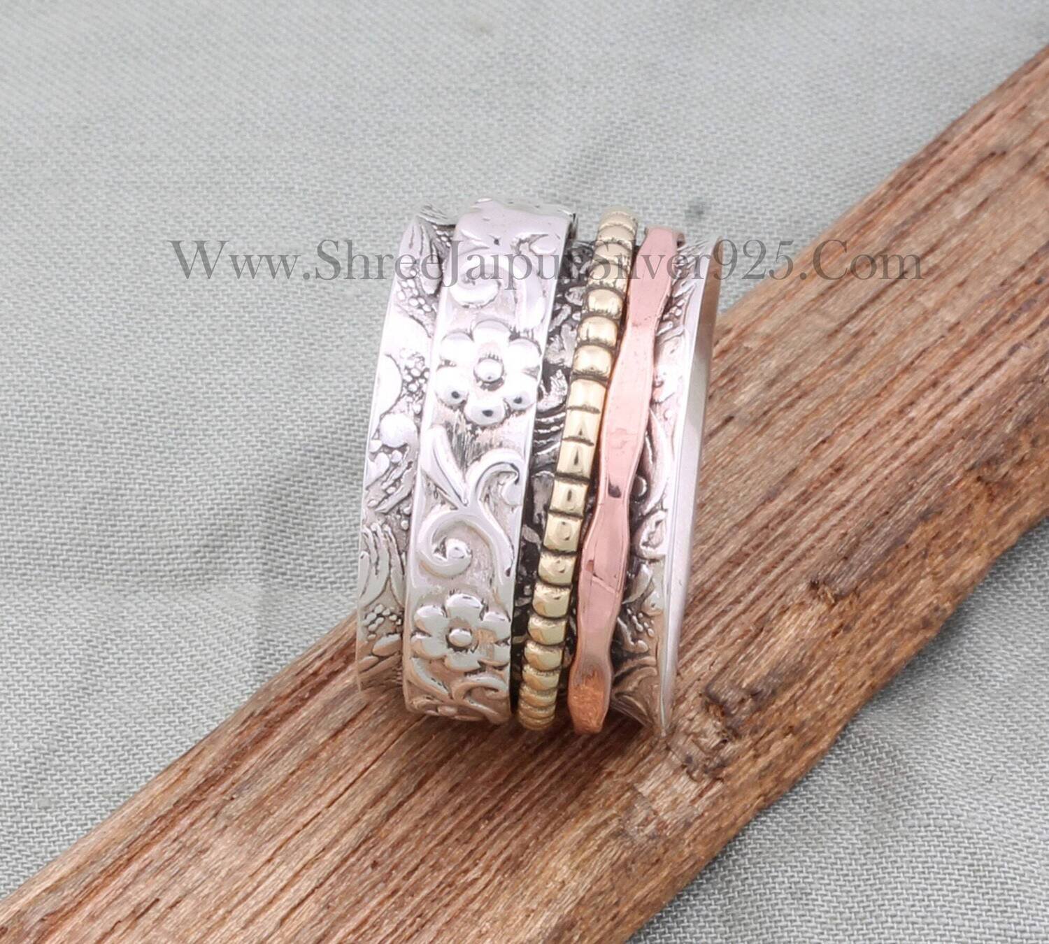 Boho Band Three Tone Solid 925 Sterling Silver Spinner Ring For Women, Handmade Hammered Band Two Tone Anxiety Fidget Ring Gifts For Her