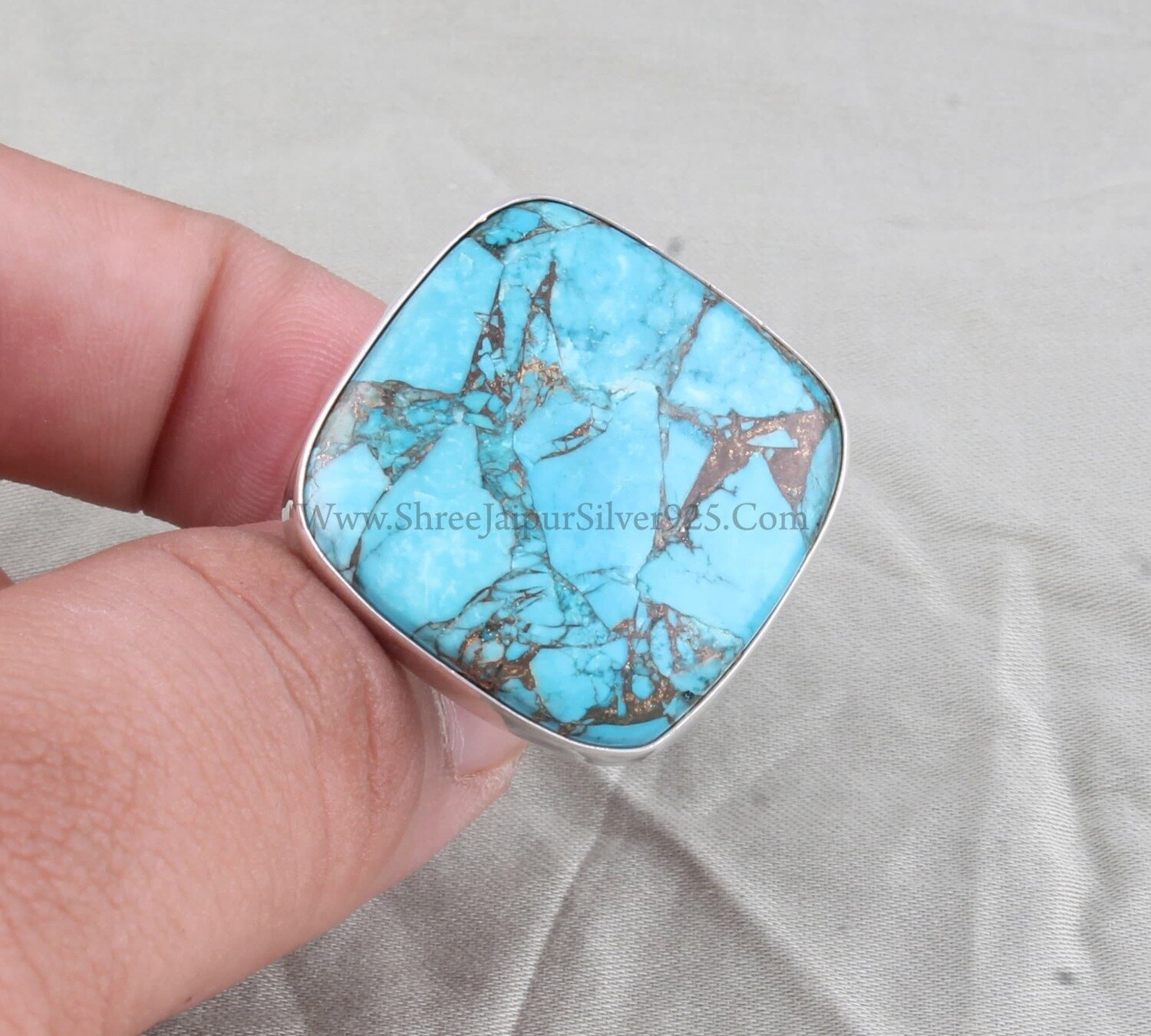 Blue Copper Turquoise Solid 925 Sterling Silver Ring For Women, Designer Handmade Women Cushion Stone Ring For Wedding Anniversary Gift Idea