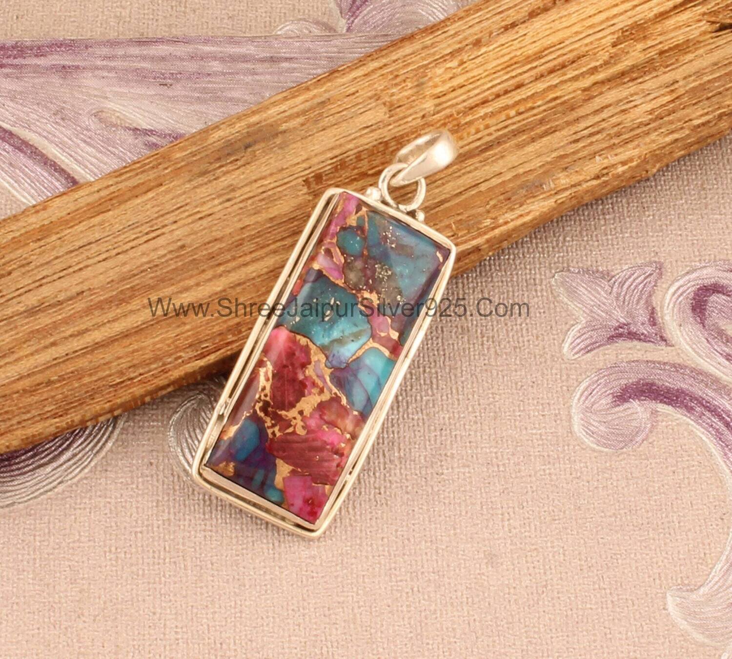 Mix Spiny Oyster Copper Turquoise Solid 925 Sterling Silver Necklace Pendant For Women, Rectangle Bar Stone Wedding Pendant For Gift For Her