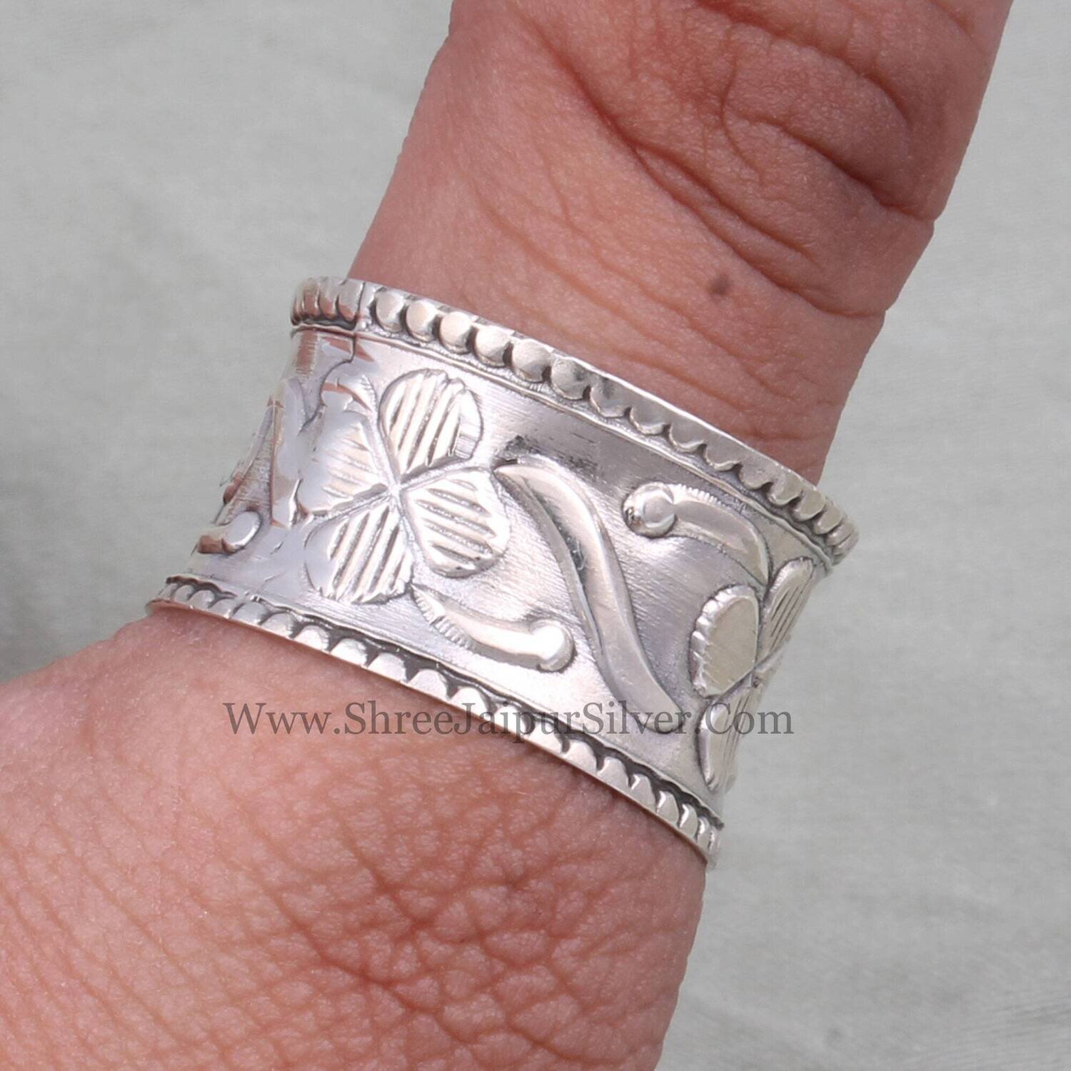 Solid 925 Sterling Silver Engraved Flower Band Ring For Women, Handmade Silver Vine Wide Thumb Band Ring For Wedding Anniversary Gifts Idea