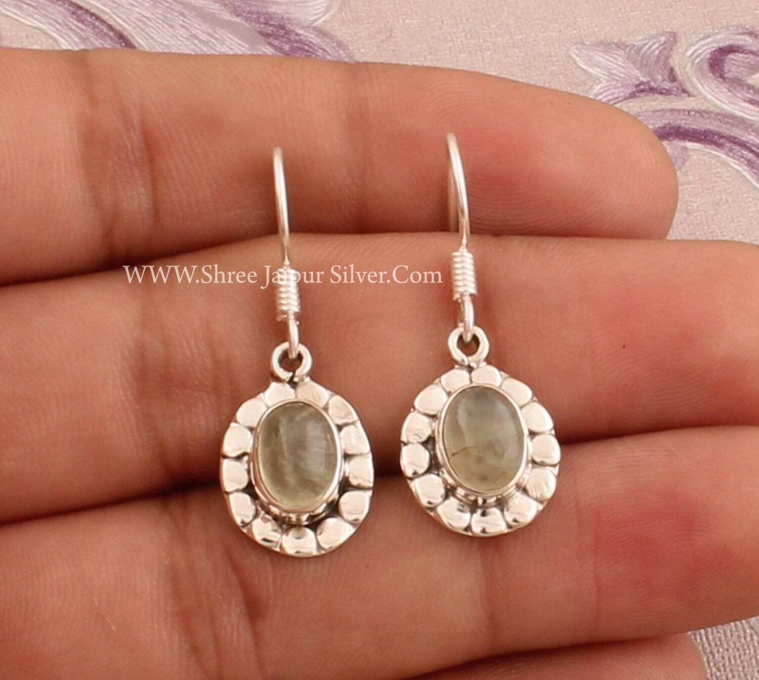 925 Sterling Silver Natural Prehnite Oval Shape Gemstone Earrings, Handmade Designer Flower Silver Earrings, Valentine's Day Gift Jewelry