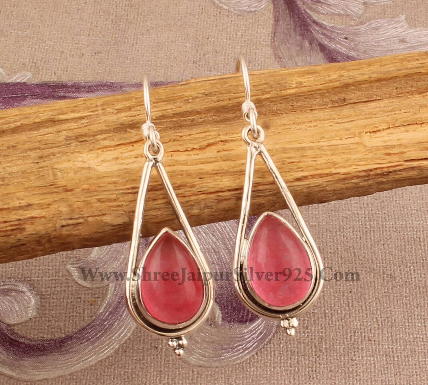 Pink Jade Pear Stone Solid 925 Sterling Silver Earrings For Women, Handmade Jade Boho Silver Earrings For Wedding Anniversary Gift Idea