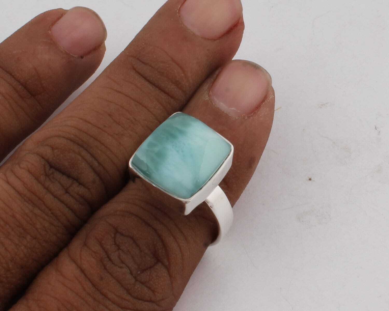 Silver,Solid Ring Natural Larimar Top Quality Gemstone Ring 925-Silver Sterling Ring Handmade Ring Blue Color Stone And Silver Color Ring