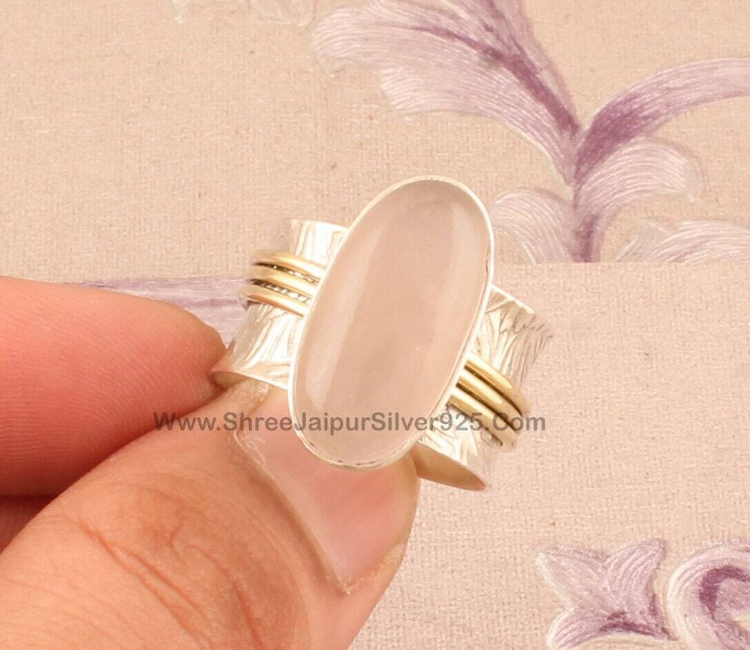 925 Sterling Silver Rose Quartz Oval Gemstone Spinner Ring, Handmade 2  ToneBirthstone