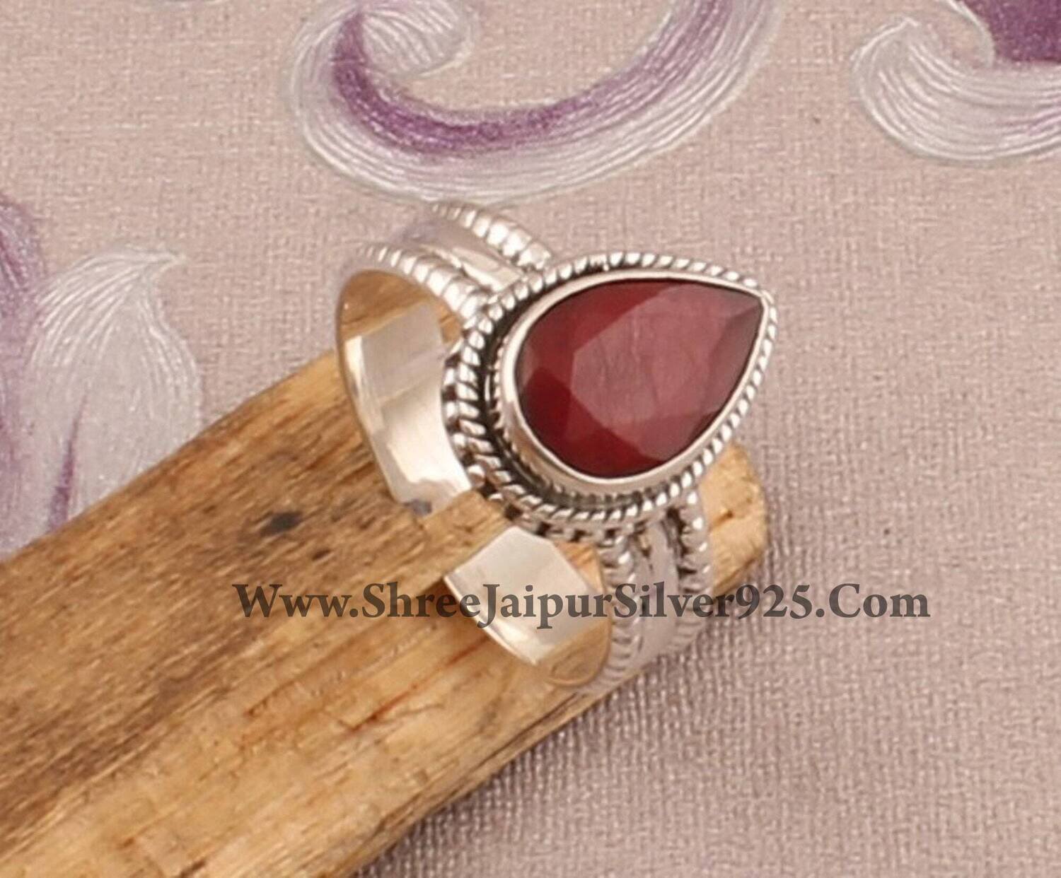 925 Sterling Silver Faceted Ruby Pear Gemstone Ring, Designer Handmade Designer Silver Band Ring, Women Wedding Jewelry, Valentines Day Gift