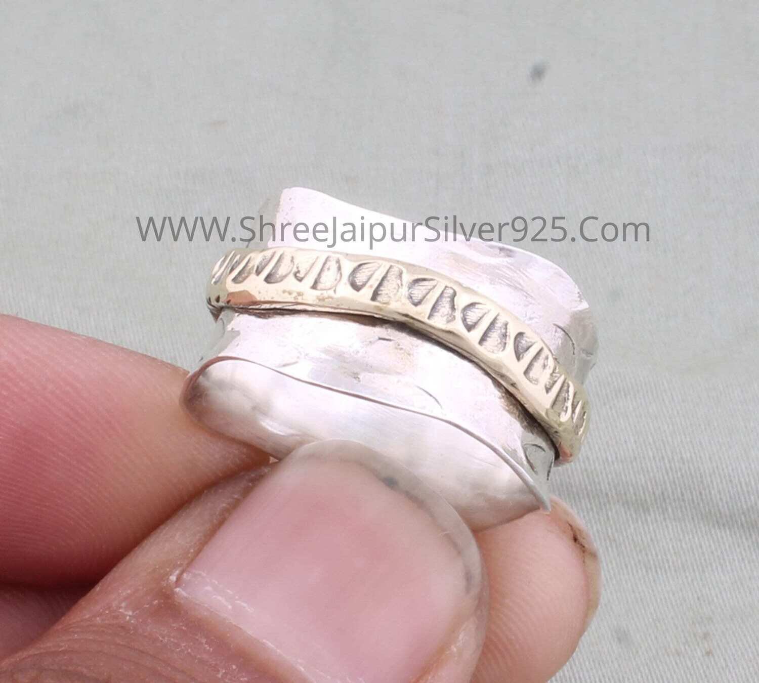 Hammered Wave Band Solid 925 Sterling Silver Spinner Ring For Women Handmade Two Tone Boho Meditation Ring For Wedding Anniversary Gift Idea