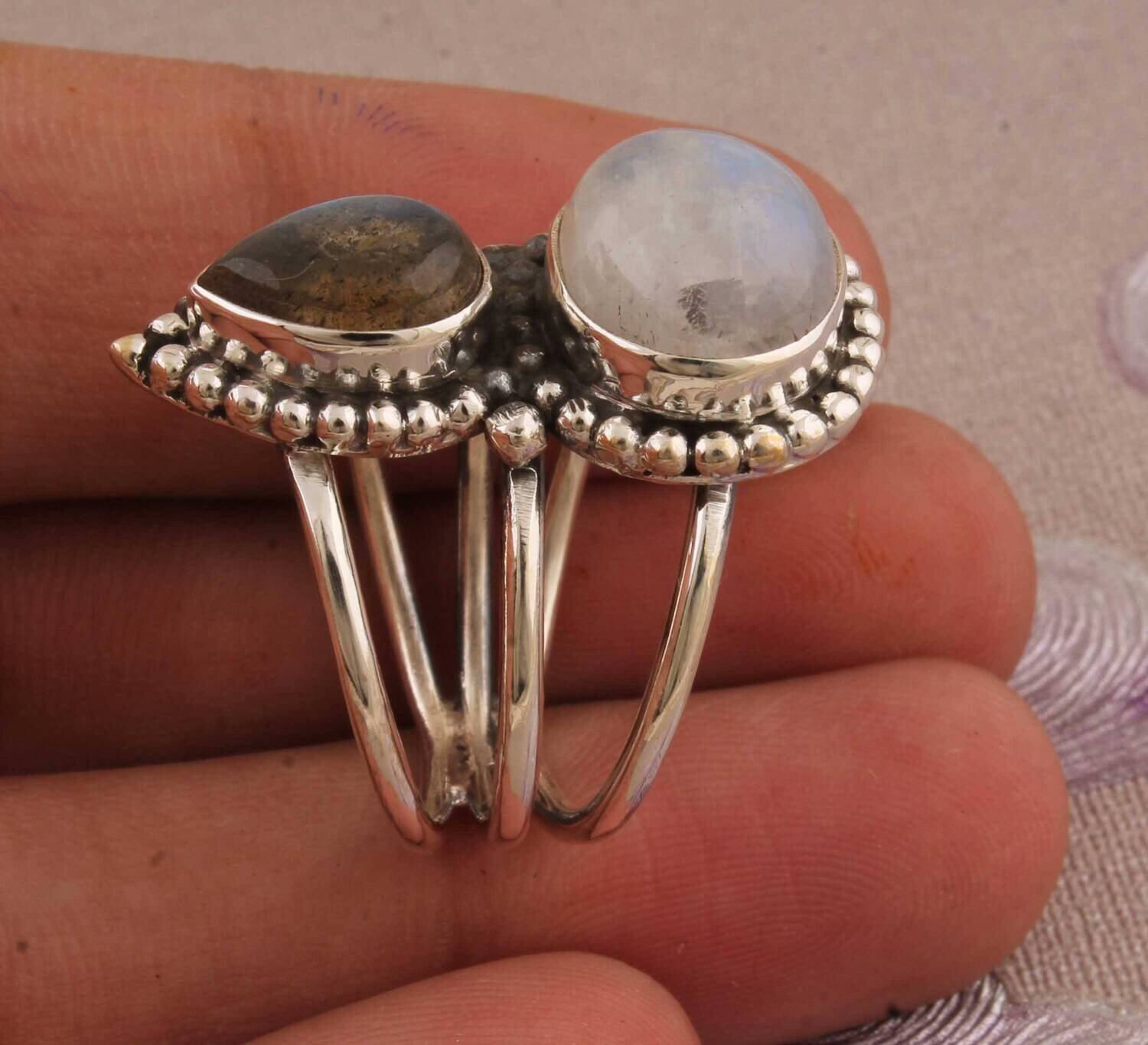 Laborite or rainbow Combination Ring 925-Silver Sterling Ring Handmade Ring Silver,Solid Ring (Ring Finger Ring )Silver Color Ring Round Sha