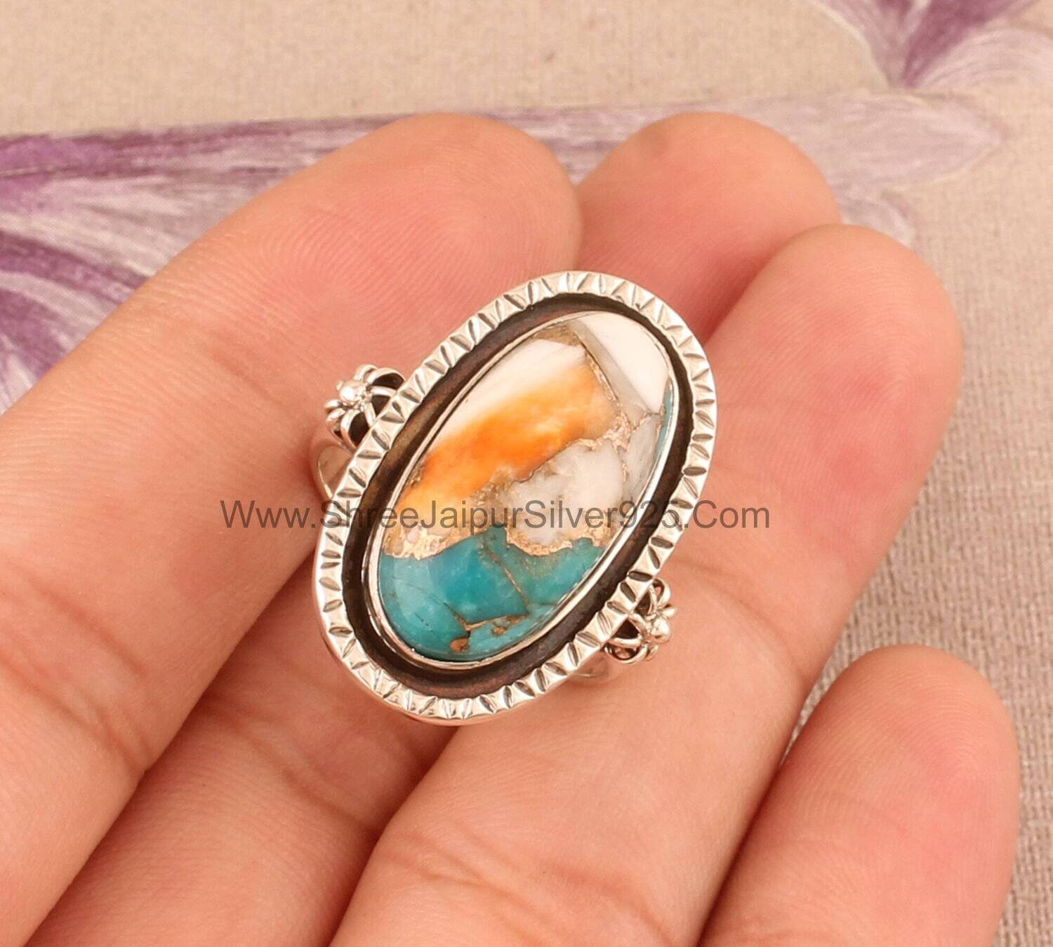 Oyster Copper Turquoise Solid 925 Sterling Silver Ring For Women, Handmade Mix Oyster Oval Stone Ring For Wedding Anniversary Gift For Her