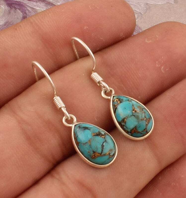 925 Sterling Silver Copper Turquoise Pear Shape Gemstone Earrings, Designer Bezel Set Silver Earrings, Handcrafted Earrings, Gift For Her