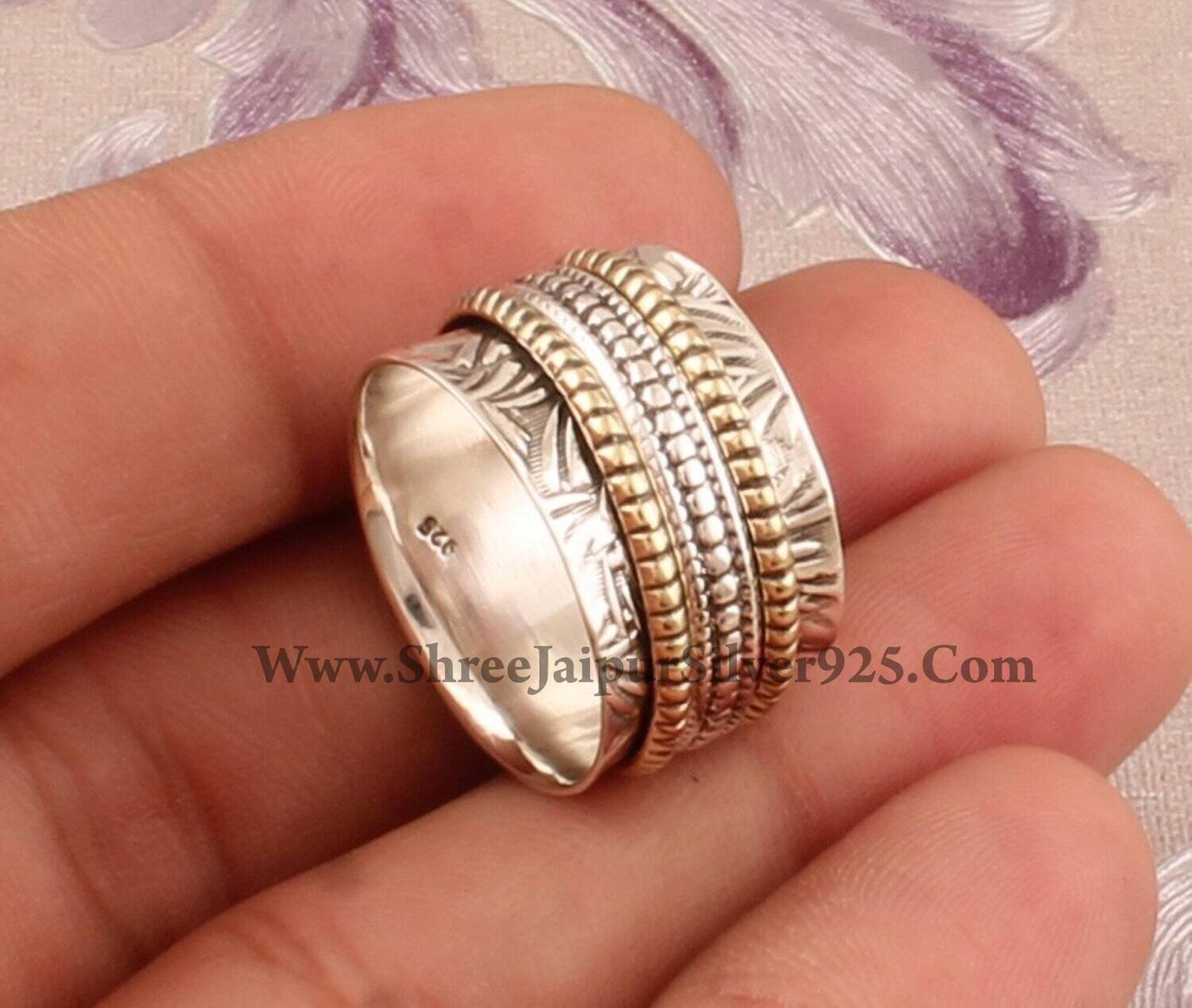 Designer Carved Band Two Tone Spinner Ring, 925 Sterling Silver &amp; Brass Handmade Boho Meditation Ring, Anxiety Ring, Fidget Ring, Worry Ring
