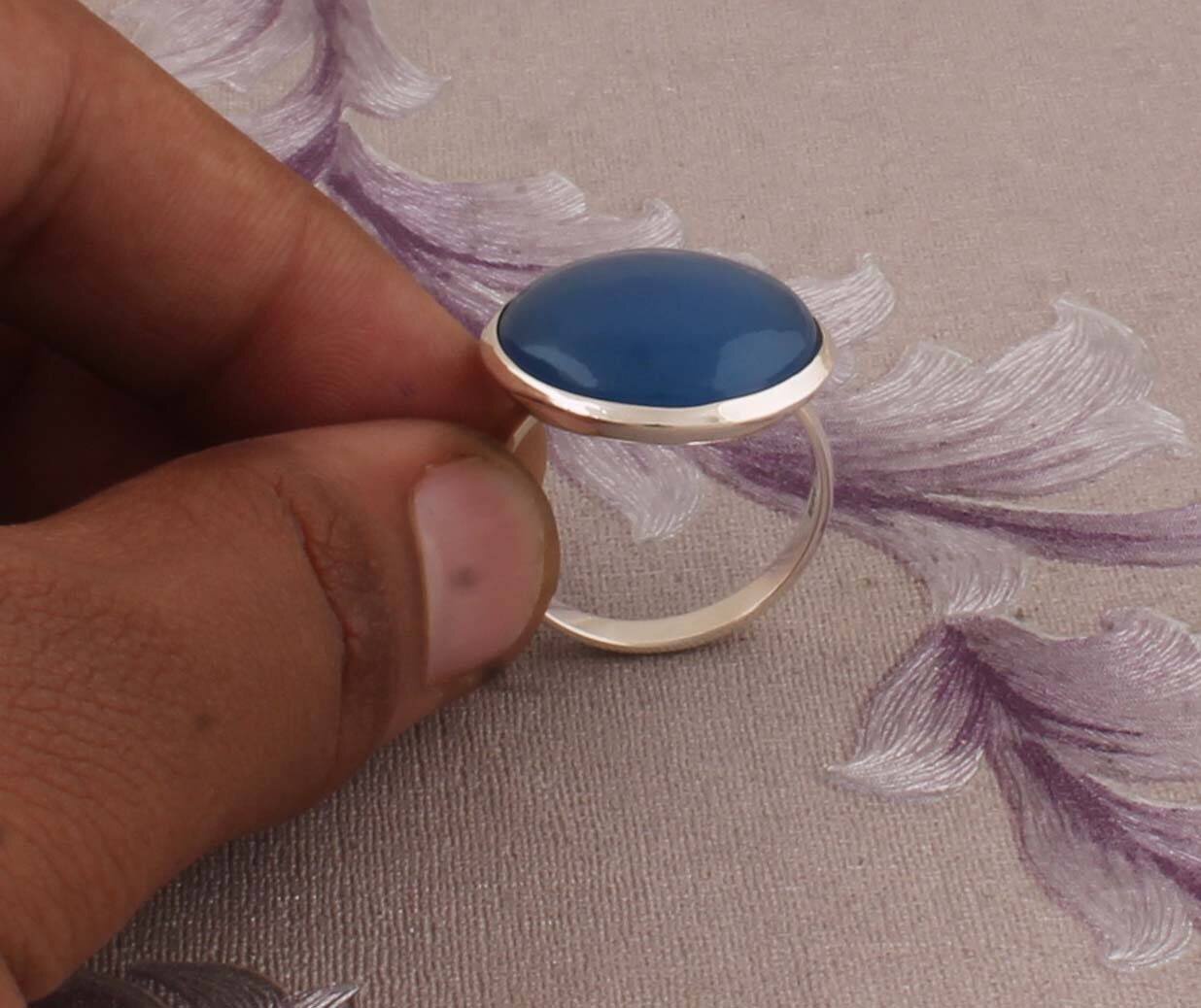Amazing Blue Jade Top Quality Gemstone Ring Round Shape Cabochon  Stone Ring 925-Antique Silver Ring Middle Finger Ring Gift For Her