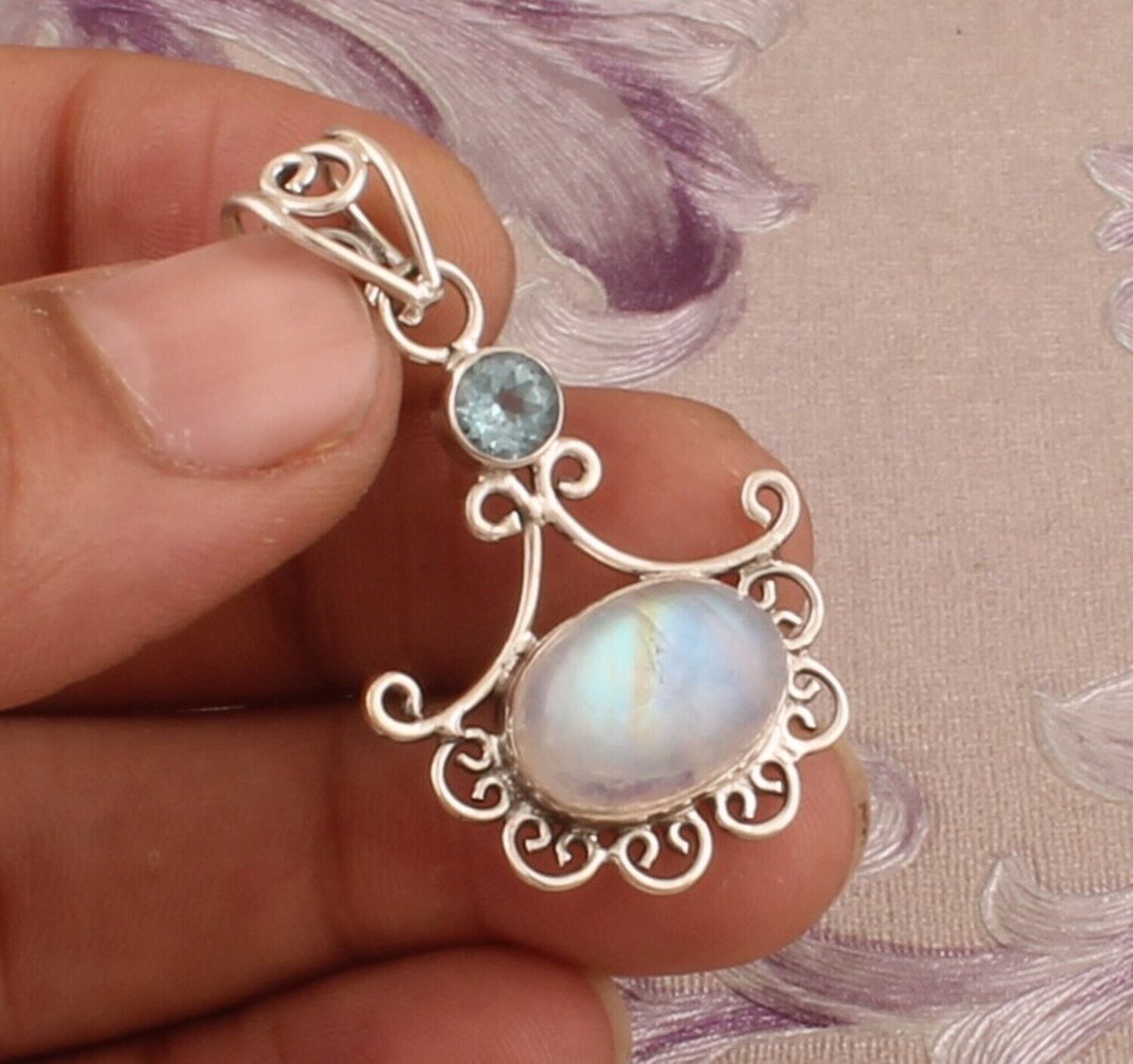 Rainbow Moonstone &amp; Blue Topaz Silver Pendant, 925 Sterling Silver Pendant, Flashy Gemstone Pendant, Designer Pendant, Christmas Gift