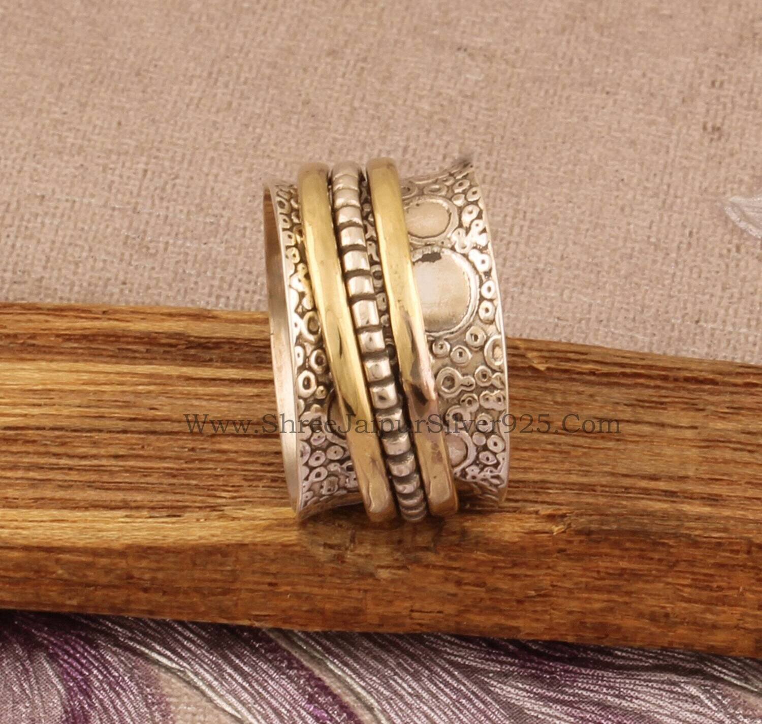 Hammered 925 Sterling Silver Designer Band Spinner Ring For Women, Handmade Two Tone Meditation Oxidized Engraved Band Ring For Anniversary