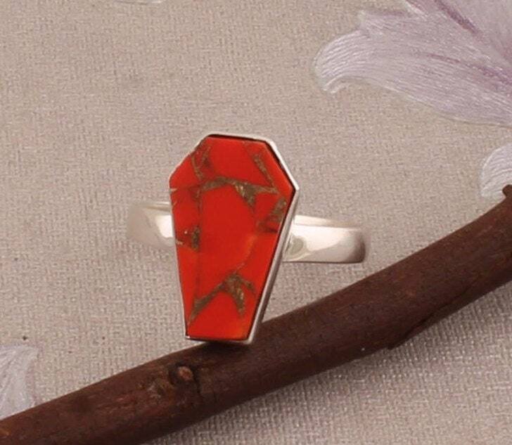 Coffin Ring Orange Copper Turquoise Solid 925 Sterling Silver Ring For Women, Handmade Boho Silver Coffin Stone Ring Anniversary Gift Idea