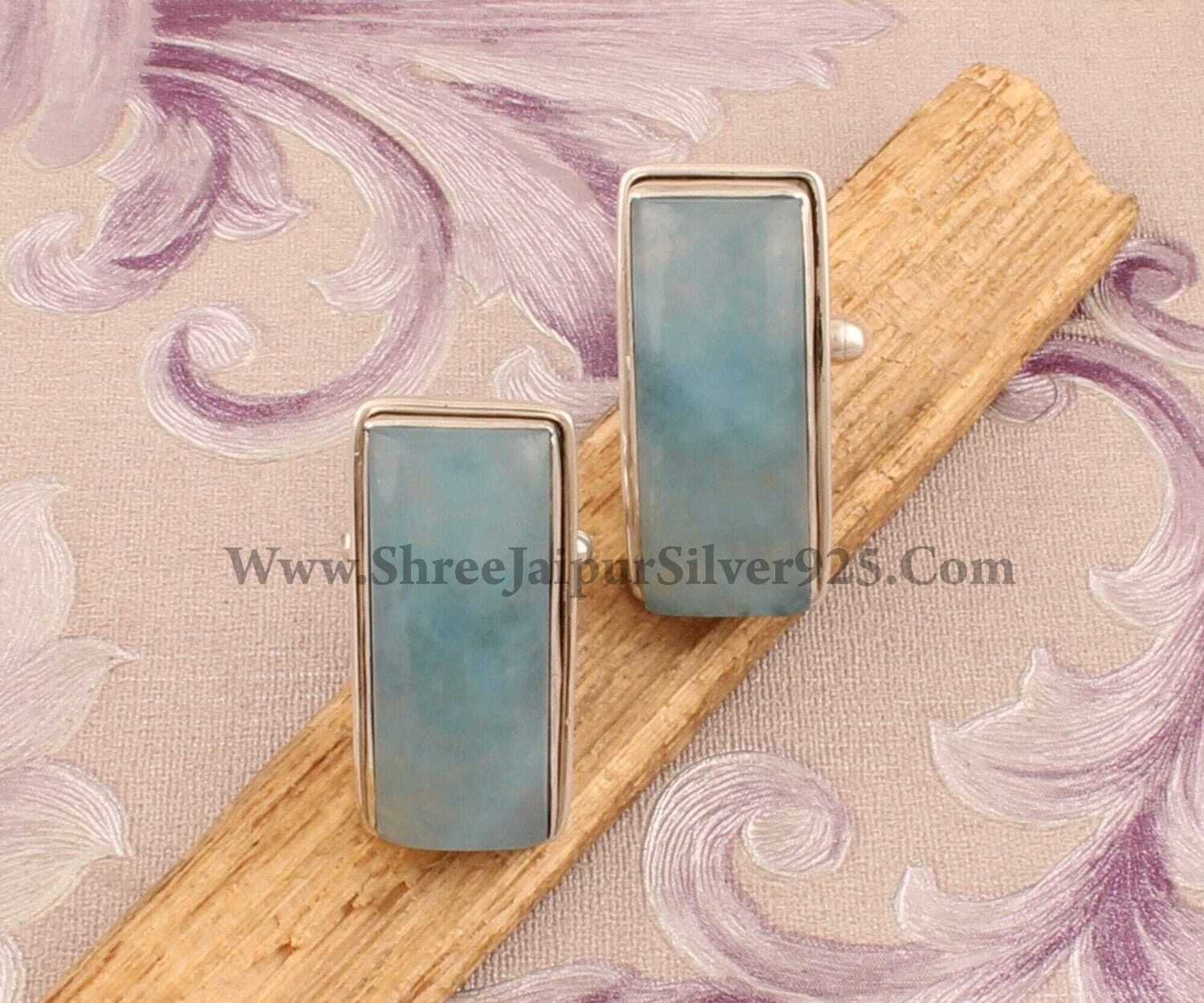 Men's jewelry Aqua Chalcedony Silver Cufflink, 925 Sterling Silver Cufflink, Bar Gemstone Cufflink, Rectangle Handmade Cufflink Gift For Him