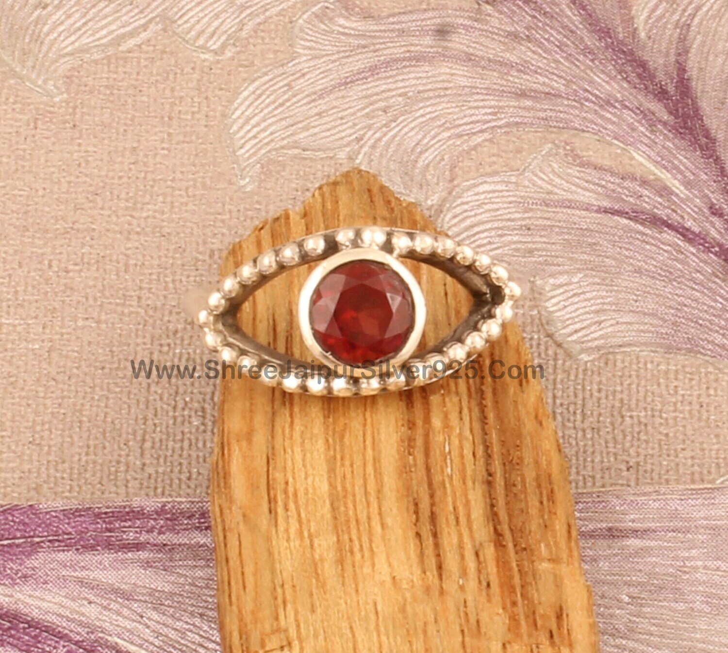 Natural Red Garnet Ring, 925 Sterling Silver Evil Eye Ring, Evil Eye Ring, Round Garnet Gemstone Ring, Designer Handmade Jewelry Gift Idea